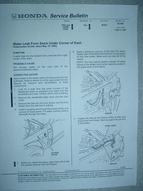 Honda TSB 92-050-1
